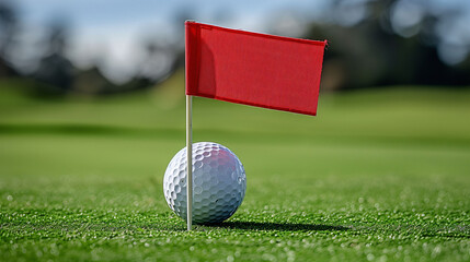 Golf ball near hole with red flag on green course.