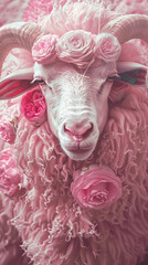A pink sheep with long curly woolly hair and large horns, wearing an outfit made of fabric in the style of roses, photo realistic, cinematic light, close up portrait