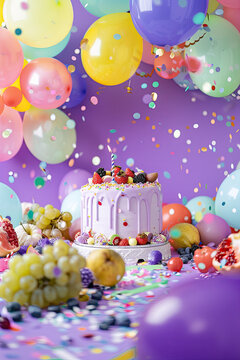 An ultrarealistic and detailed photograph of a whimsical birthday party setting with balloons, confetti, cake, fruit on the table, pastel purple background, high resolution