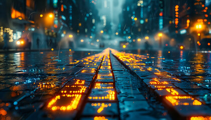 Rainy Night in the City, Street Illuminated with Car Lights and Reflections, Urban Transportation and Nightlife - obrazy, fototapety, plakaty