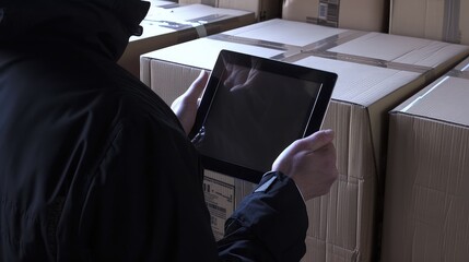 Online store seller's hands with tablet PC. The hands of an eBay seller, a testament to dedication and efficiency. A tablet in hand, ensuring every package is handled with care.