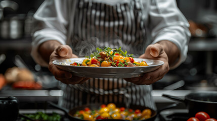 Chef in striped apron presenting gourmet dish with colorful vegetables in a professional kitchen setting.