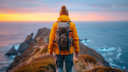 Back view of a solo traveler with a backpack standing on a cliff overlooking the ocean at sunset.