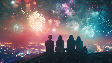 Silhouetted Family Enjoying a Firework Show Under the Starry Night Sky