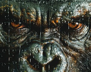 Gorilla in mist puzzle with deep green and silver pieces intense gaze closeup highdetail facial expression