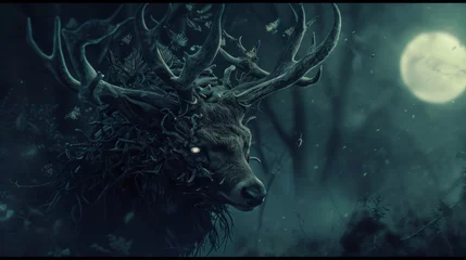 Foto op Plexiglas Fantasy deer in the forest with full moon © Олег Фадеев