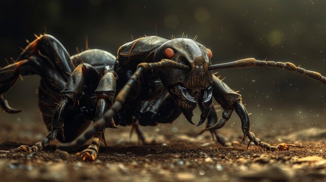 Close-up of a black ant in the woods