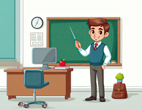 Illustration of a picture of a school teacher standing at the blackboard. Knowledge Day concept, training