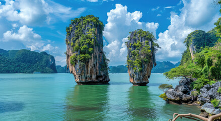 island in Phuket, Thailand with lush green mountains and turquoise water, showcasing the iconic rock formation on the thin islet between two islands - obrazy, fototapety, plakaty