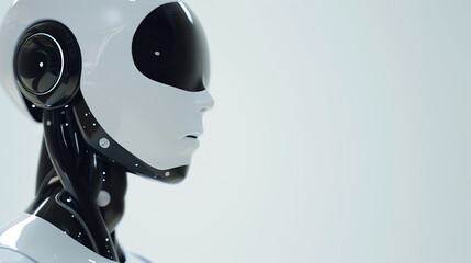 Robot with copy space for text, side profile of a white android with black parts, futuristic robotics concept