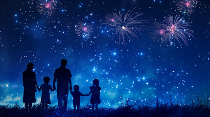 Fototapeta na wymiar Silhouetted Family Enjoying a Firework Show Under the Starry Night Sky