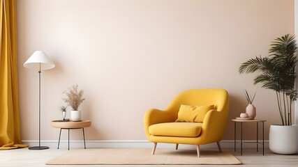 design of room with sofa, Warm toned living room interior wall mockup with a yellow armchair and a background of a white wall.