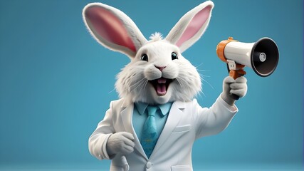 A stylized white Easter Bunny, anthropomorphic in nature, holding a megaphone and roaring with exaggerated expression, set against a turquoise blue background. - obrazy, fototapety, plakaty