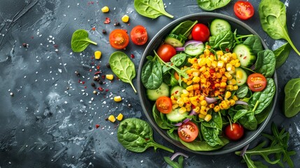 Fresh Salad Bowl With Tomatoes, Corn, and Spinach