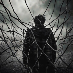 A bleak and foreboding mood due to mental health disorders featuring a man facing away who is entangled and restrained by branches that represent anxiety. - obrazy, fototapety, plakaty