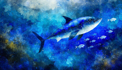 Fototapeta premium マグロと小魚のいる美しい深海の水彩画