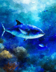 Fototapeta premium マグロと小魚のいる美しい深海の水彩画