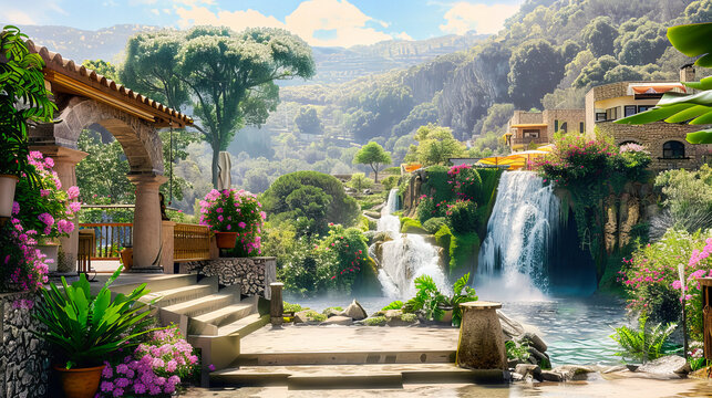 Scenic Nature Landscape with Waterfall, Green Forest and River, Travel and Tourism Concept in Beautiful Park