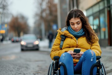 Fototapeta na wymiar Woman Using Smartphone While Sitting in Wheelchair on Urban Street.