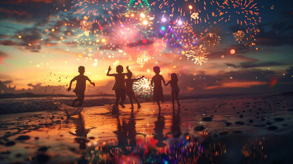 Joyful Silhouettes of Children Playing on Beach at Sunset with Fireworks