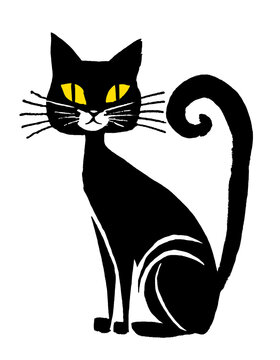 座っている黒猫のシルエットのイラスト