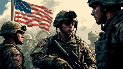 Patriotic day Illustration US Flag and Army Soldier on Patriotic Day - obrazy, fototapety, plakaty