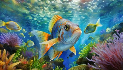 close up of fish looking at viewer with herd of fush swimming and colourful water plants underwater...