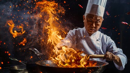 Chef hands keep wok with fire. Closeup chef hands cook food with fire. 