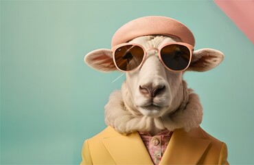 Creative animal concept. Sheep lamb in sunglass shade glasses isolated on solid pastel background,...