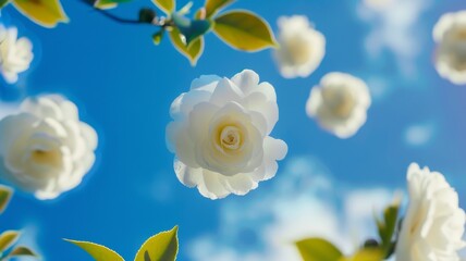 Fototapeta premium white camellias surround a floating camellia flower,