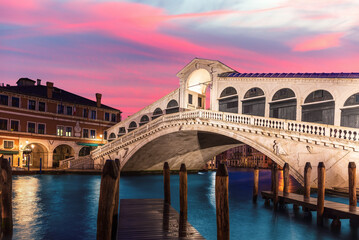 The Rialto bridge panorama at night, Venice, Italy