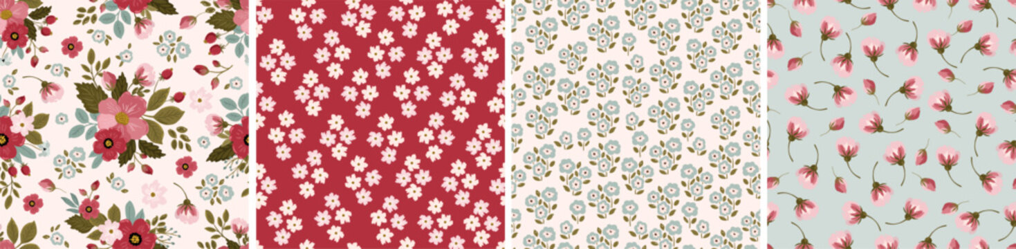 Set of bright colorful floral summer seamless patterns for fabric, wallpaper, clothing, stationery printing. Collection of meadow roses floral repeating backgrounds, digital papers