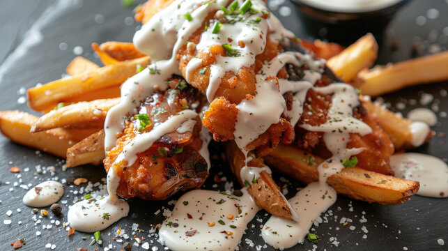 food photography of chicken strips with fries and white sauce dripping on top,wide angle lens, stock photo
