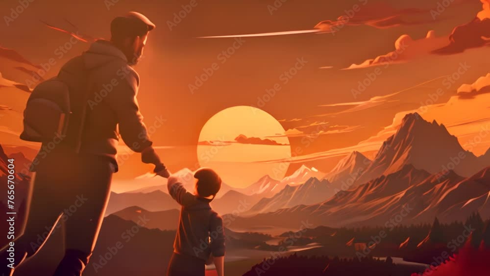 Poster man and child standing on mountain summit generative ai