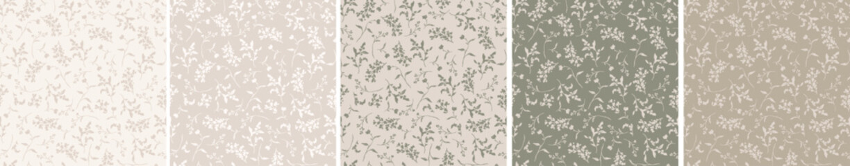 Set of earthy tones elegant neutral natural seamless pattern, repeating background with leaves and laurels for wallpaper, fabric, interior design, floral print for scrapbook paper.