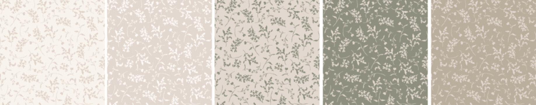 Set of earthy tones elegant neutral natural seamless pattern, repeating background with leaves and laurels for wallpaper, fabric, interior design, floral print for scrapbook paper.