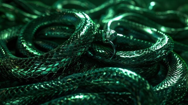 Body of green tree python Morelia viridis close-up. Portrait art. Snake skin, natural texture, abstract, graphic resources.