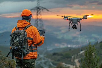 Man is wearing a helmet in an orange jacket looks at a drone flying over the city. The drone is equipped with a camera and flies over a power line