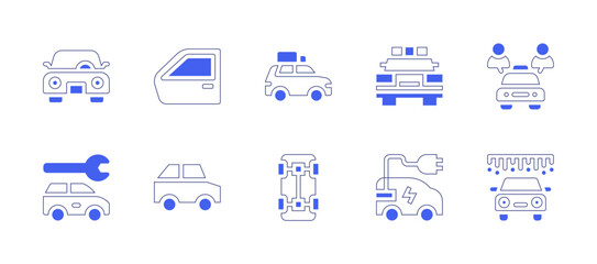 Car icon set. Duotone style line stroke and bold. Vector illustration. Containing door, drive, sharing, car, car repair, power washing, police car, electric car.