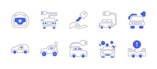 Car icon set. Duotone style line stroke and bold. Vector illustration. Containing car key, steering wheel, car, electric car, eco car, car accident, car wash, toy car.