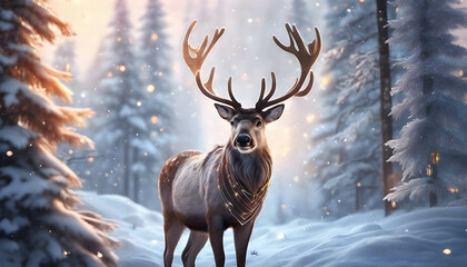 Deer in winter in snowy forest, background, Christmas