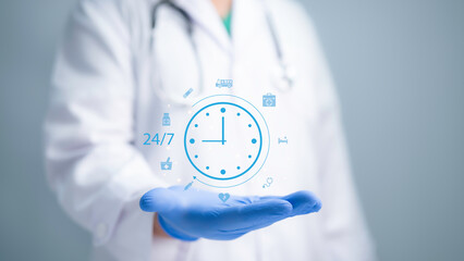Medical worker holding 24-7 service icon for assistance patient when accident or emergency. Medical call center service with out interruption day and night. Pharmacy service 24 hours a day.
