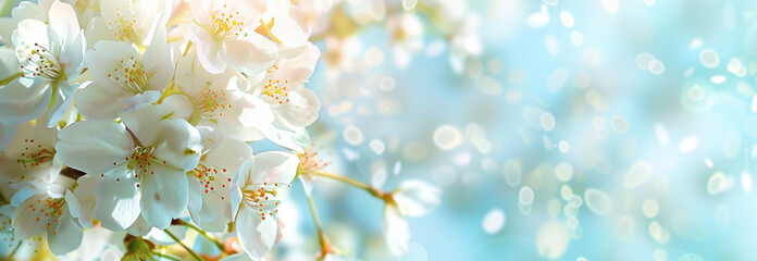 White flowers in the sky, cherry blossoms, bright sunshine, blue background, white clouds floating and falling