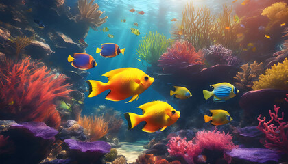 Colorful marine life in an underwater aquarium and vibrant coral reef in the Red Sea, background