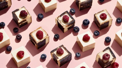 Many cakes square pattern. Set same cakes concept. Hard shadow. Top view colorful background.