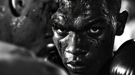 A black and white image of a boxer's face, bloodied but determined, staring intently at their opponent during a heated match. Highlight the grit and resilience of athletes. - obrazy, fototapety, plakaty