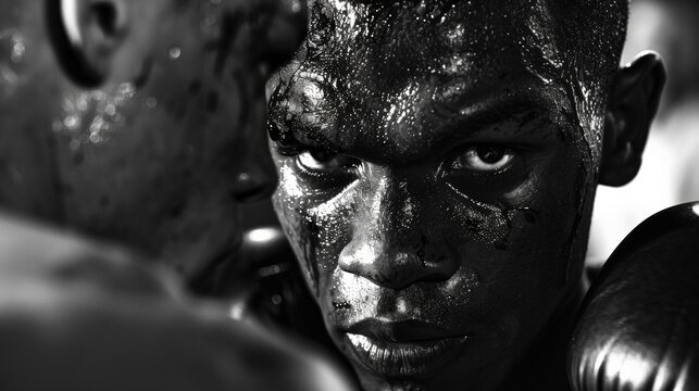 A black and white image of a boxer's face, bloodied but determined, staring intently at their opponent during a heated match. Highlight the grit and resilience of athletes.
