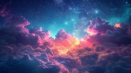 Obraz na płótnie Canvas Magical sky with fluffy, glowing clouds under the stars