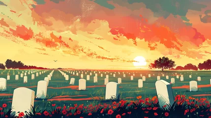 Poster Sunset over Military Cemetery with Poppy Field © Taylor