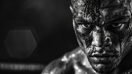 A black and white image of a boxer's face, bloodied but determined, staring intently at their opponent during a heated match. Highlight the grit and resilience of athletes.